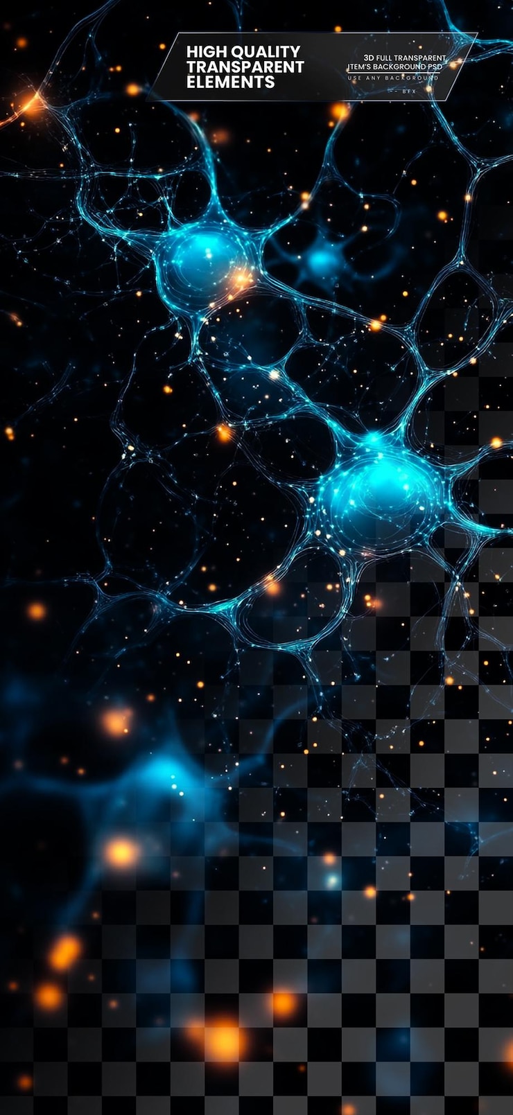 PSD fondo azul oscuro con neuronas brillantes movimiento en fondo transparente