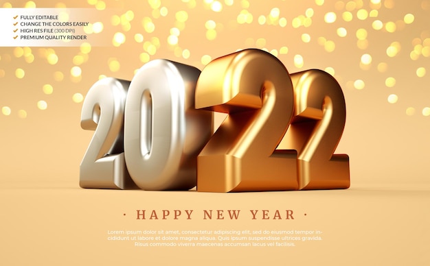 Fondo de banner de feliz año nuevo 2022 con números dorados y plateados en renderizado 3D realista