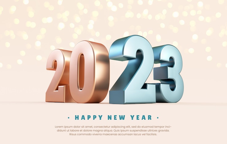PSD fondo de banner de feliz año nuevo 2023 con números metálicos en representación 3d realista