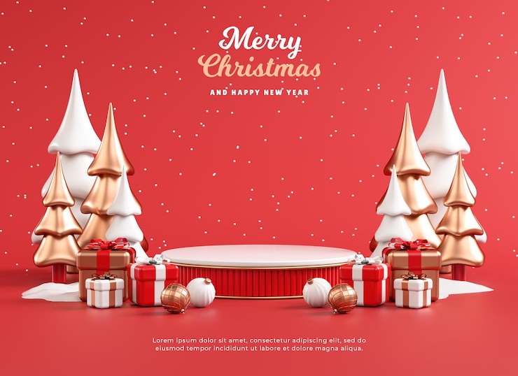 PSD fondo de banner navideño con una plataforma de podio cosas festivas rojas y doradas en ilustración 3d