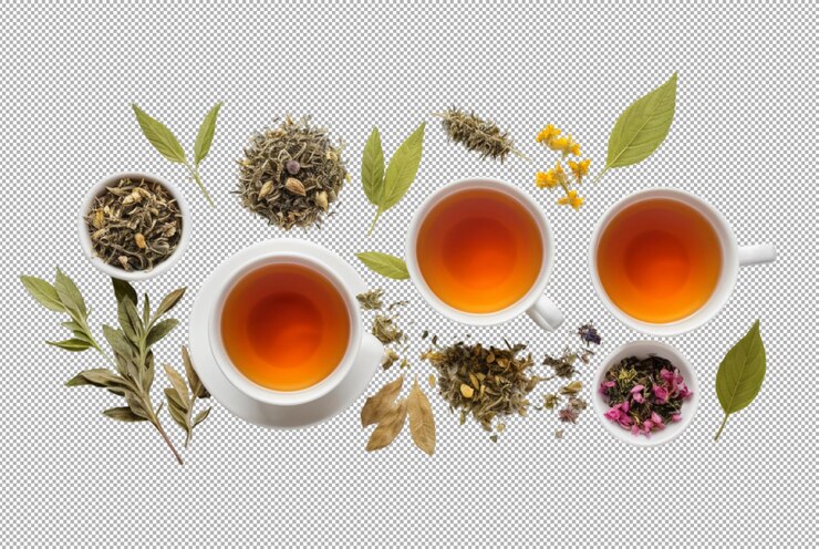 PSD el fondo blanco del conjunto de té de hierbas
