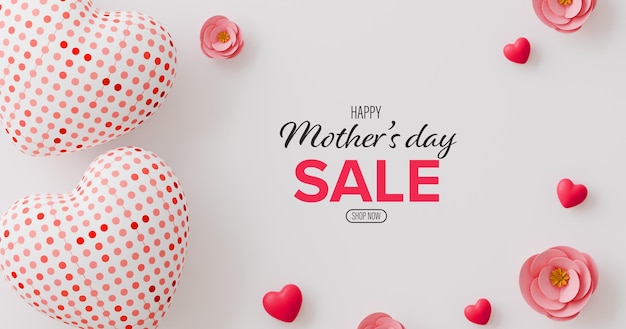 Un fondo blanco con dos corazones y flores rosas el texto dice feliz día de la madre venta