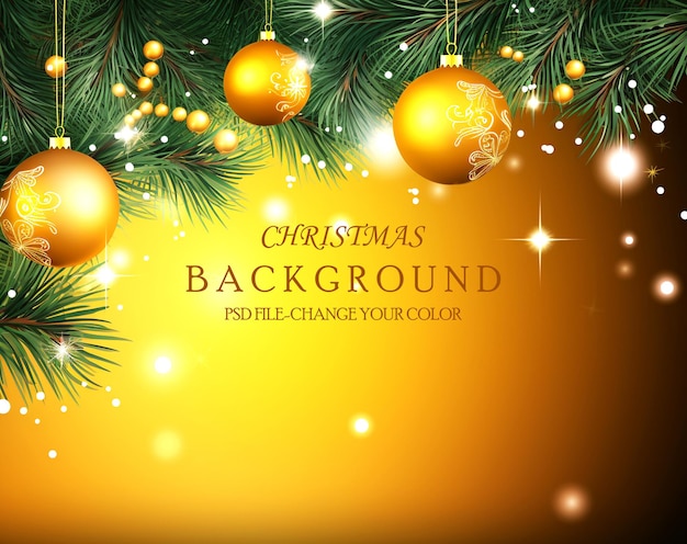 Fondo bokeh de bolas de navidad doradas con hojas de abeto