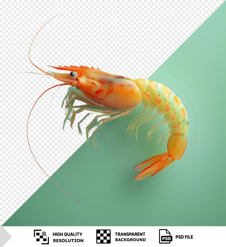 PSD fondo camarón transparente sobre un fondo verde con un cuerpo a rayas rojas y blancas una cabeza blanca y un ojo negro