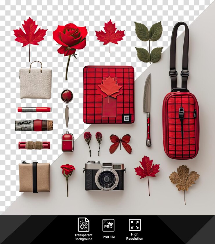 PSD fondo canada día elemento conjunto de flores rojas deja una cámara un bolso y un cuchillo en un fondo transparente acompañado de una hoja marrón una rosa roja y un rojo