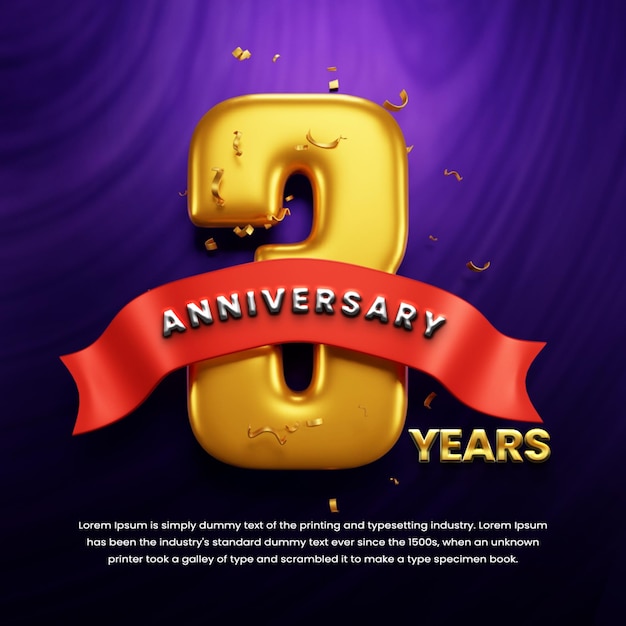 Fondo de celebración de 3 aniversario con cinta y confeti o publicación en redes sociales de aniversario de oro