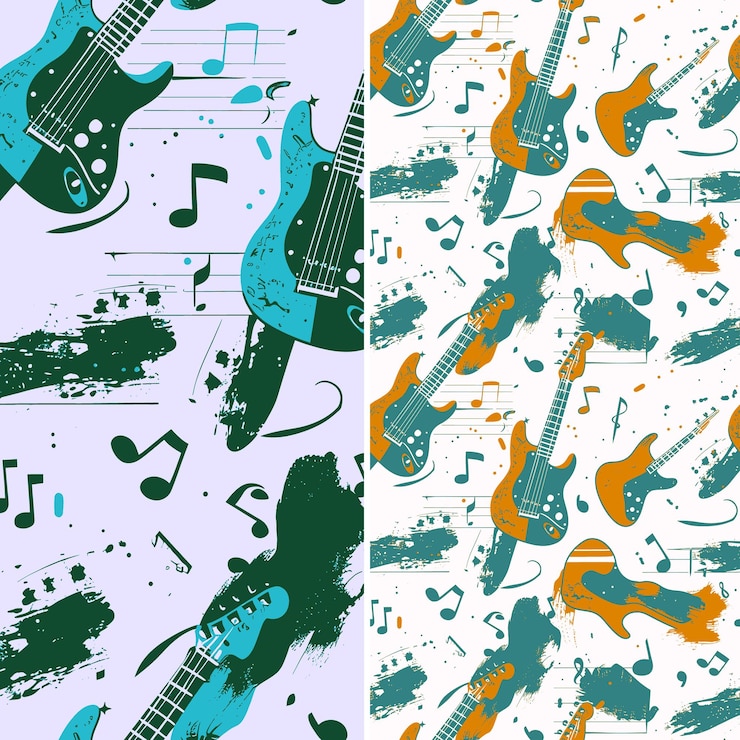 PSD un fondo colorido con notas de música y una guitarra verde y azul