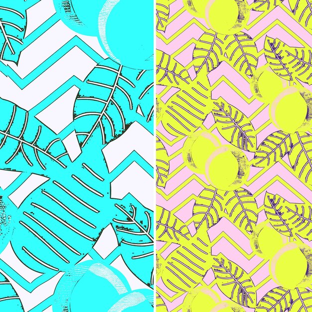 un fondo colorido con un patrón de palmeras y un fondo azul y amarillo