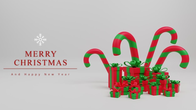 Fondo de concepto de feliz navidad de ilustración 3d con bastón de caramelo de navidad, caja de regalo