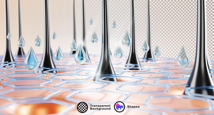 PSD fondo di laboratorio cosmetico per la cura dei capelli 3d scalp con disegno esagonale liquido e gocce d'acqua render blu siero cheratina shampoo molecole di acido ialuronico per idratare capelli e pelle