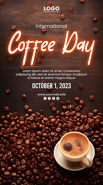 PSD fondo del día internacional del café y cartel del café