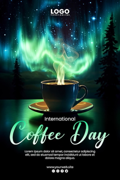 Fondo del día internacional del café y diseño de carteles aurora boreal saliendo de una taza de café