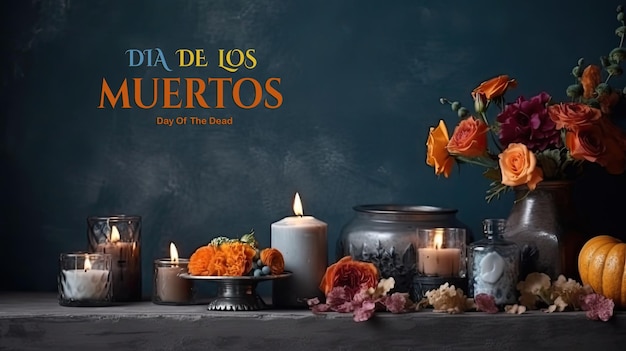 Fondo de día de muertos con adornos de velas y flores.