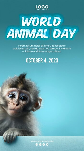 PSD fondo del día mundial de los animales y cartel de animales con fondo de mono