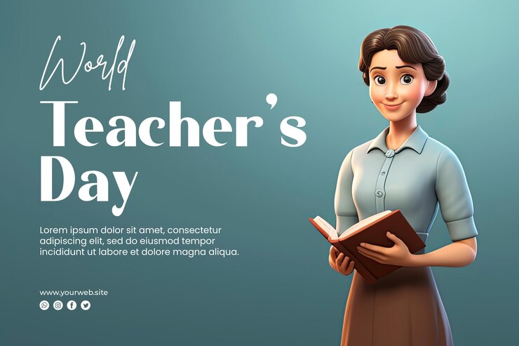 PSD fondo del día mundial del maestro y pancarta del día del maestro con carácter de maestro de renderizado 3d