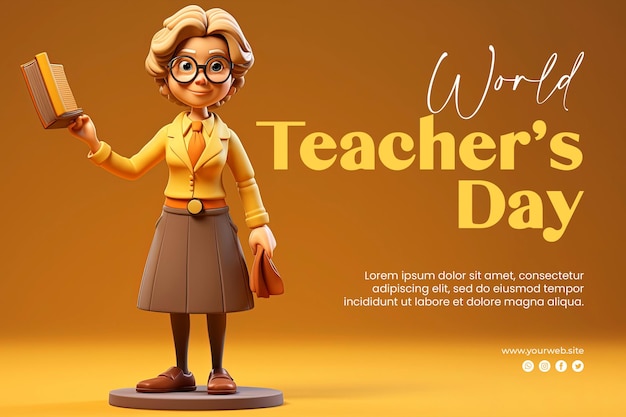 Fondo del día mundial del maestro y pancarta del día del maestro con carácter de maestro de renderizado 3d