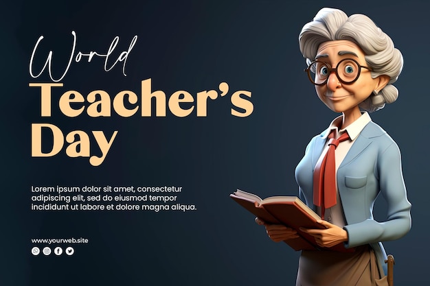 PSD fondo del día mundial del maestro y pancarta del día del maestro con carácter de maestro de renderizado 3d