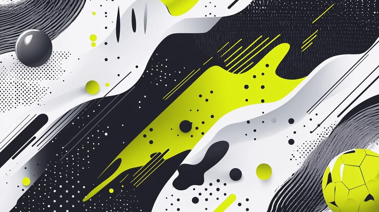 PSD fondo dinámico abstracto con líneas de esferas y formas amarillas y negras vibrantes