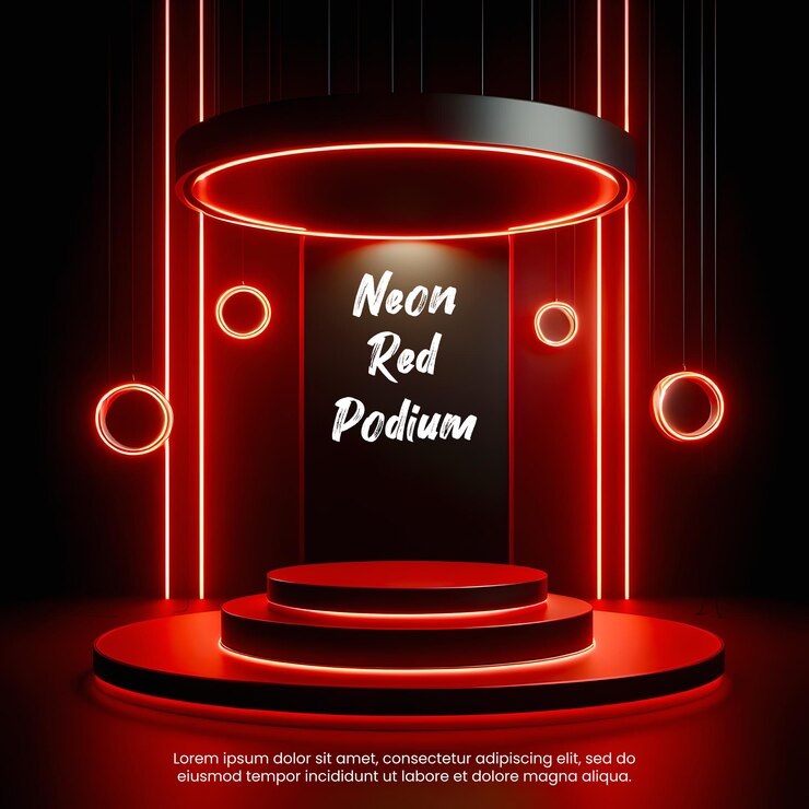 Fondo de escenario 3D de podium de luz roja de neón para la exhibición de vitrinas de productos