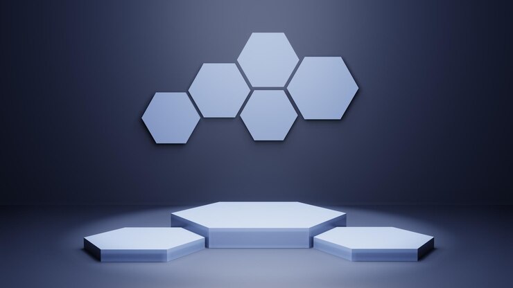 PSD fondo de estudio mínimo de podio de hexágono azul 3d ilustración de objeto de forma geométrica 3d abstracta presentación para tecnología médica y producto científico