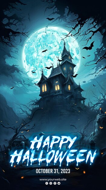 PSD fondo de feliz halloween y cartel de halloween casa de halloween en la selva profunda