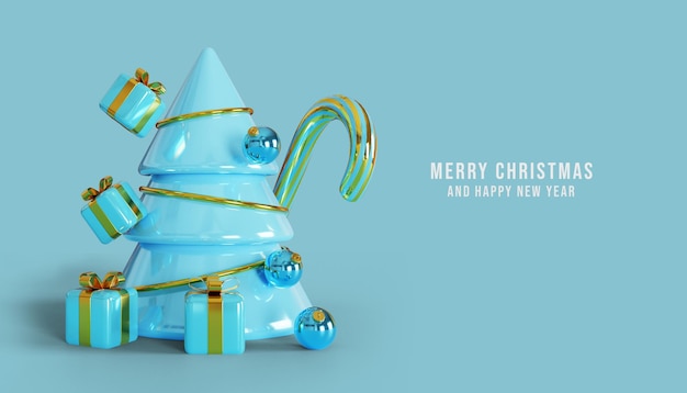 Fondo de feliz navidad 3d con árbol azul y caja de regalo