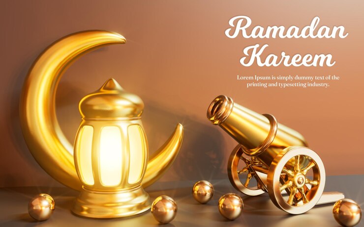 Fondo de festival islámico tradicional de ramadan kareem con un cañón de oro de linterna brillante 3d y moo