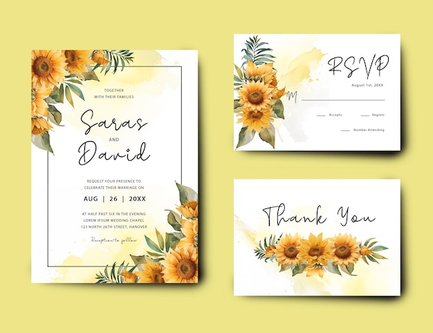 fondo floral con flores conjunto de invitación de boda de girasol