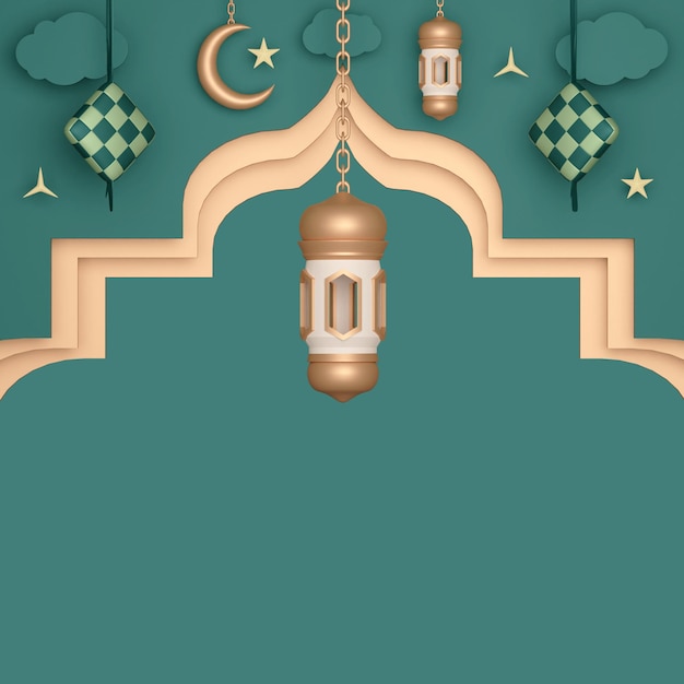 Fondo islamico della decorazione dell'esposizione con la mezzaluna e la nuvola di ketupat della lanterna araba