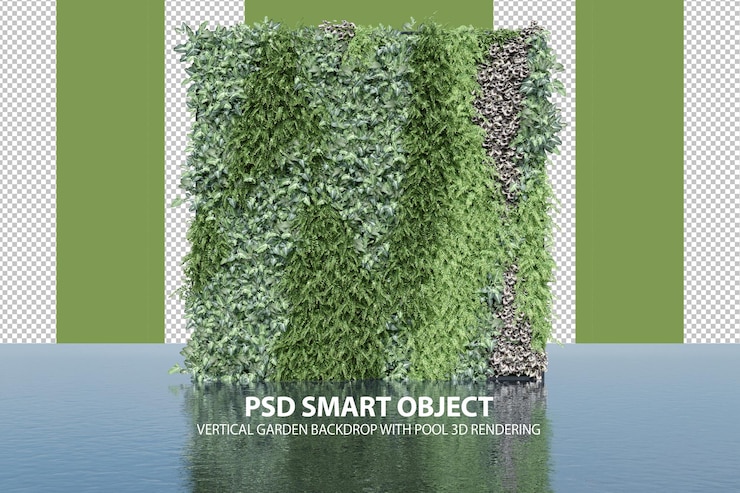 PSD fondo de jardín vertical realista con representación 3d de piscina de objetos aislados