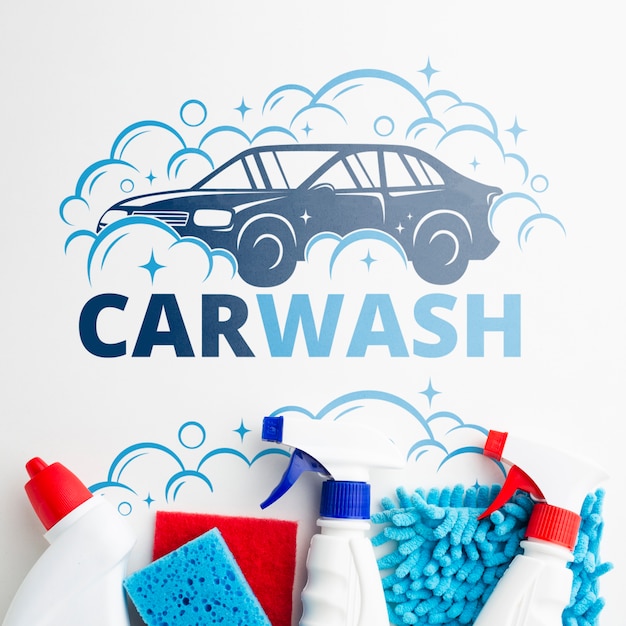Fondo de lavado de autos con herramientas de limpieza