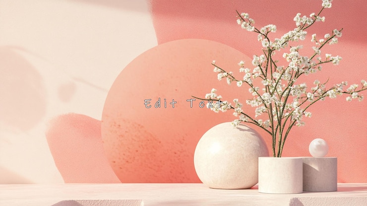 PSD fondo minimalista de melocotón con flores blancas esfera de mármol y cilindro