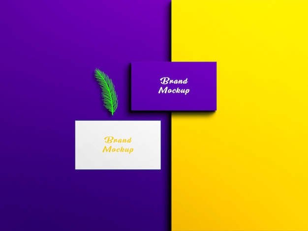 Un fondo morado y amarillo con una tarjeta de presentación que dice maqueta de la marca.