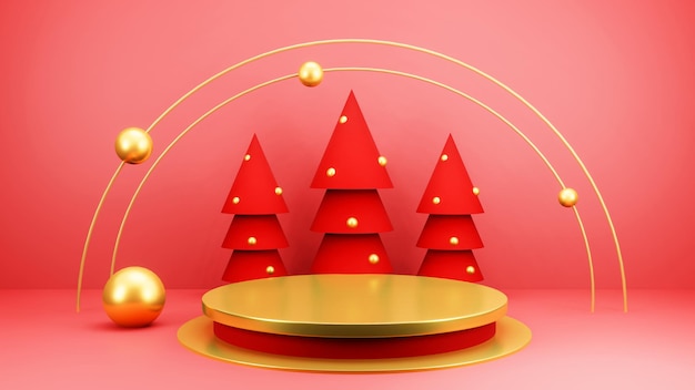 Fondo de navidad con árbol de navidad y podio de escenario para exhibición de productos renderizado 3d