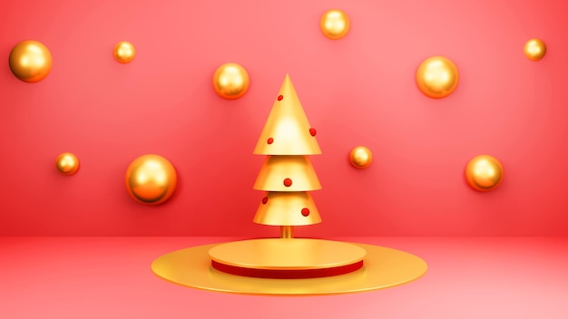 PSD fondo de navidad con árbol de navidad y podio de escenario para exhibición de productos renderizado 3d