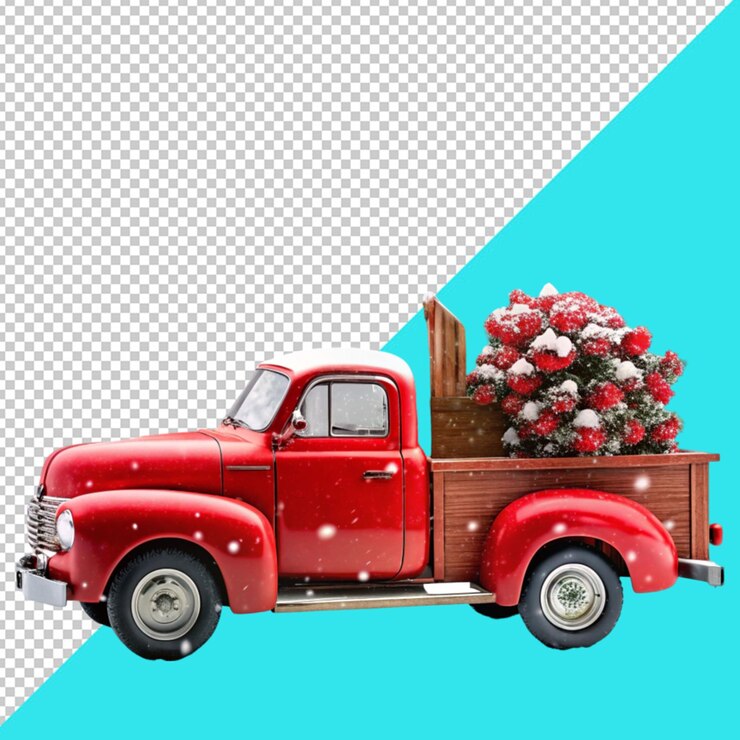 PSD el fondo de navidad en fondo transparente del camión de entrega de árboles