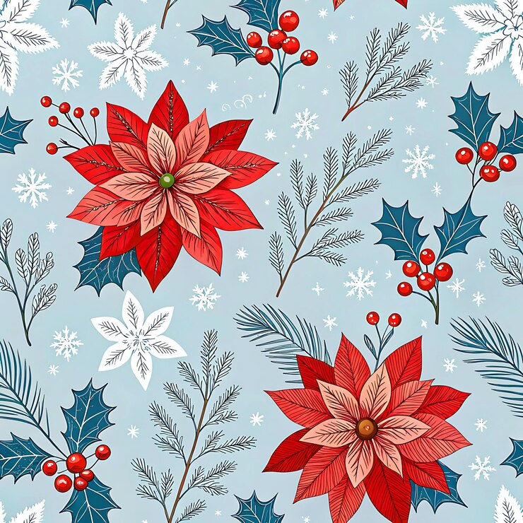 PSD fondo de navidad con un patrón de acebo y poinsettia