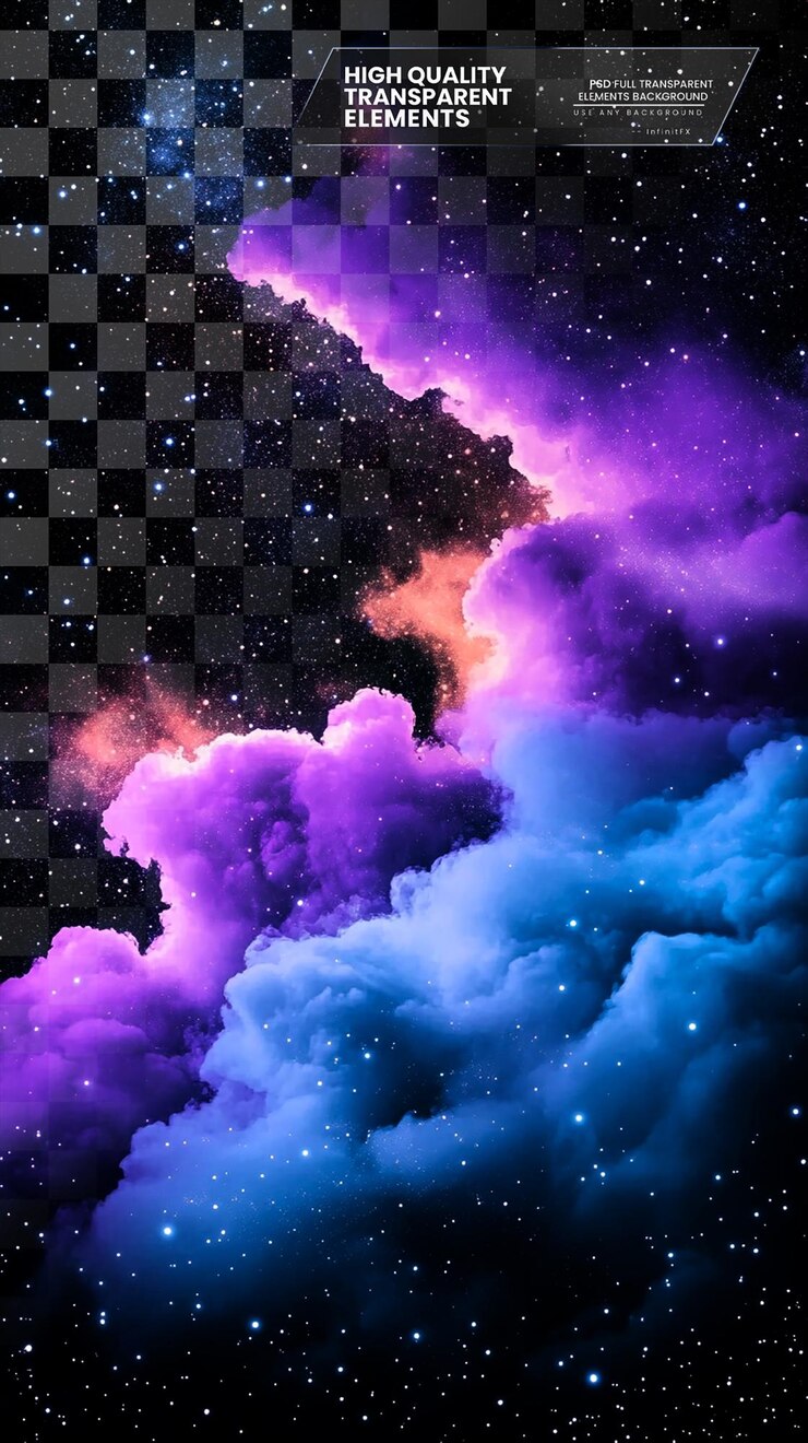 PSD fondo negro con nubes púrpuras y azules sobre un fondo transparente