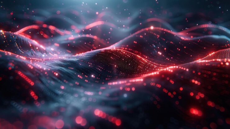 PSD fondo de ondas digitales rojas abstractas con partículas brillantes