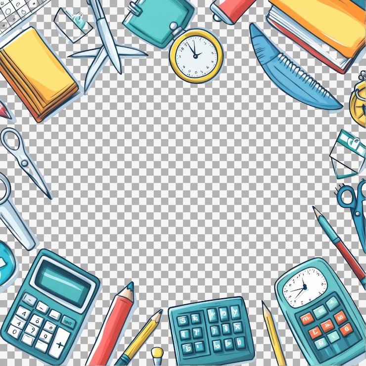 PSD fondo de papelería vector plano marco de suministros escolares con tijeras de lápiz de reloj y calculadora en estilo doodle sobre un fondo blanco