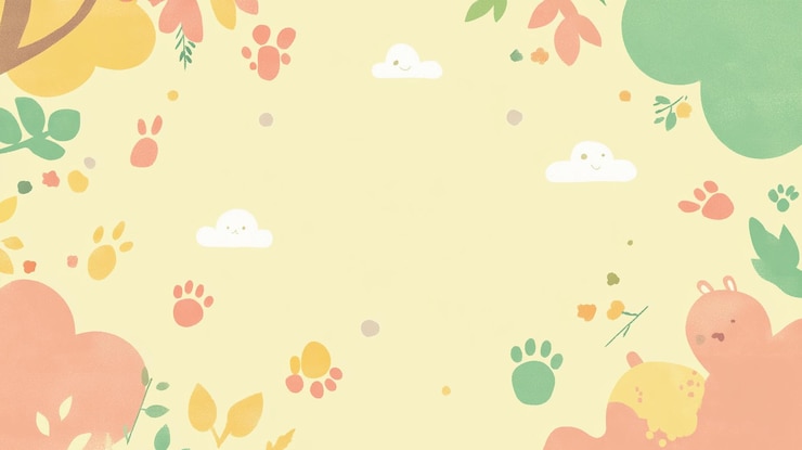 PSD fondo pastel con huellas de patas hojas y nubes