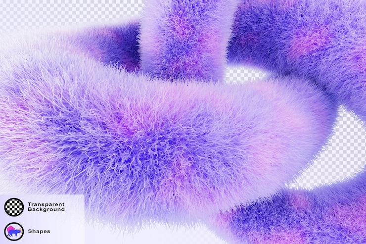 PSD fondo pastel púrpura y rosado esponjoso 3d forma geométrica de pelaje abstracto con textura peluda y gradiente de color bg dinámico con línea torcida curva de lana suave peluda