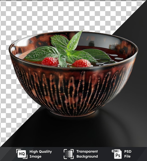 PSD fondo plato transparente psd de kolak para romper el ayuno acompañado de una fruta roja y una hoja verde colocada en una mesa negra con un reflejo brillante
