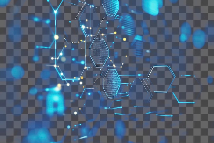 PSD fondo png abstracto con hexágonos y luces brillantes azules tecnología futurista abstracta