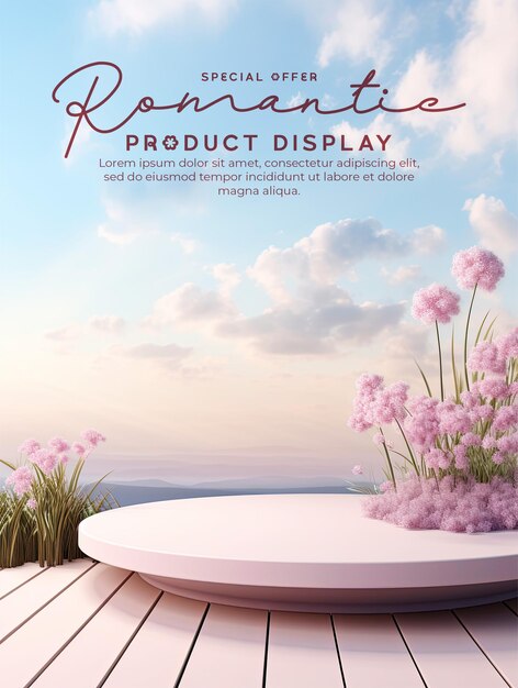 PSD fondo de podio de belleza natural para la exhibición de productos con fondo de cielo de ensueño escena romántica en 3d