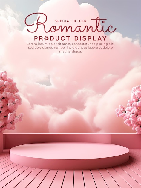 Fondo de podio de belleza natural para la exhibición de productos con fondo de cielo de ensueño escena romántica en 3d