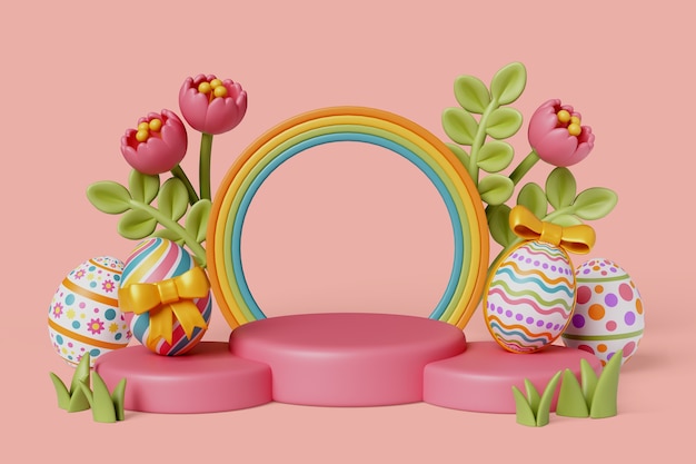 Fondo del podio de ventas de Pascua con arco iris y flores