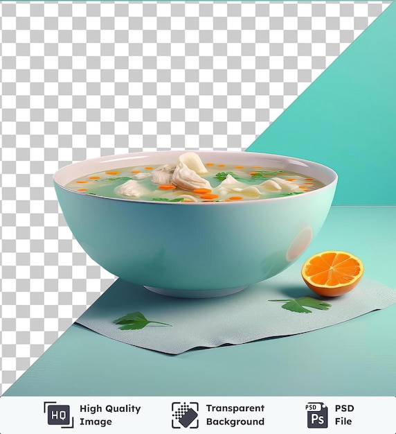 Fondo psd transparente cuenco de sopa de pollo con zanahorias y hoja verde en mesa azul acompañado de una servilleta blanca contra una pared azul claro y azul