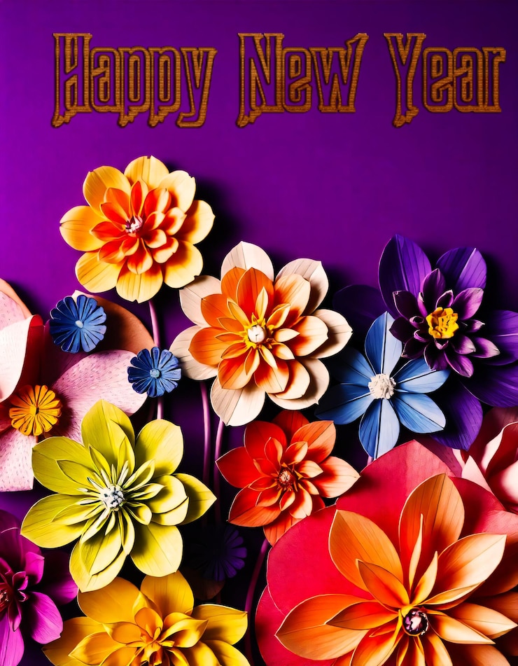 PSD un fondo púrpura con flores y una cita sobre un feliz año nuevo