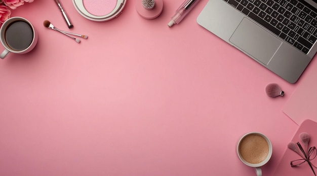 Fondo rosado minimalista con una computadora portátil de escritorio y accesorios en ella